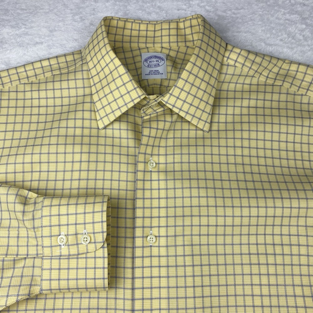 Brooks Brothers Dress Shirt Mens 16.5-35 Yellow w/Blue Checks No Iron